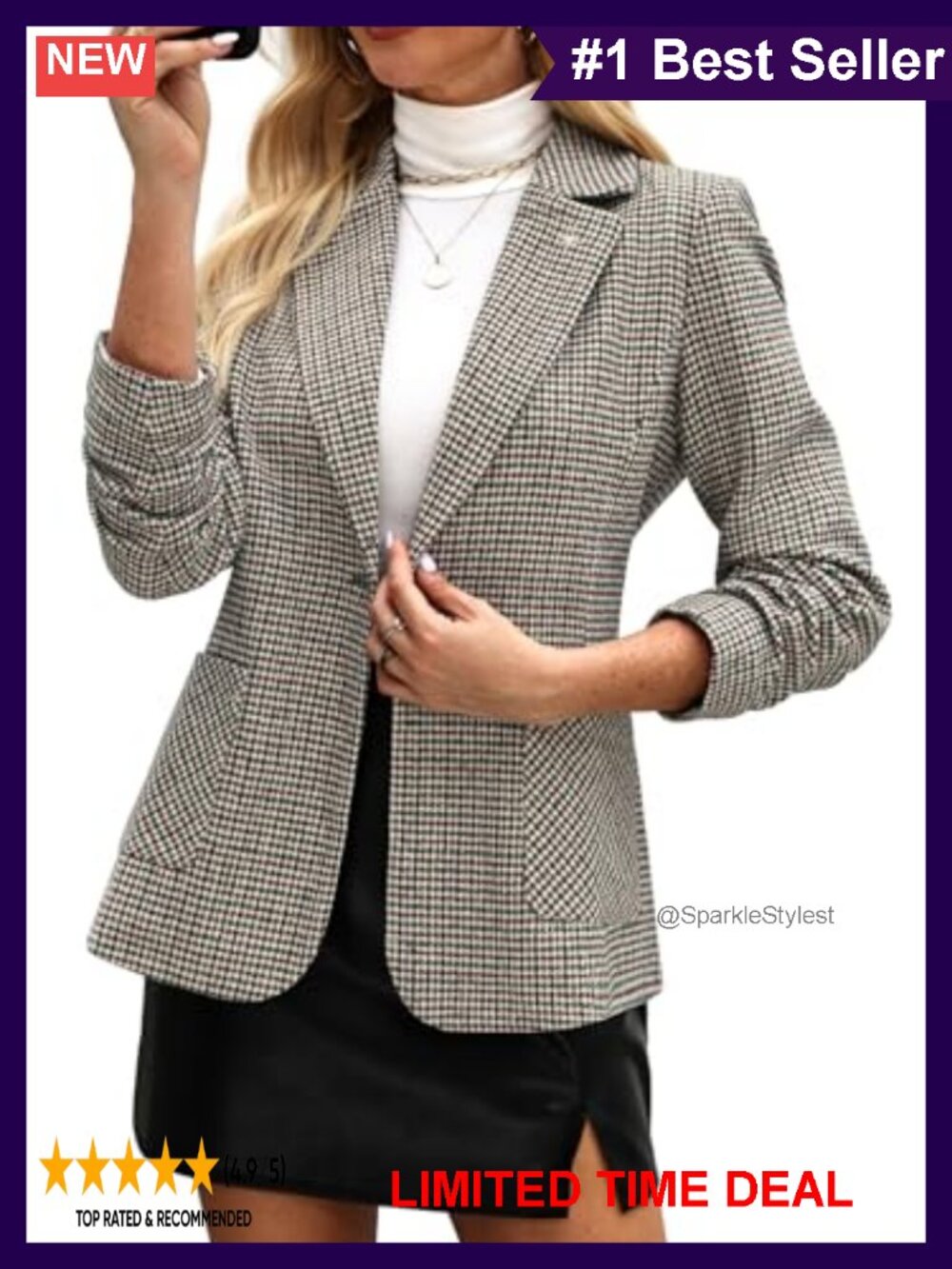 Women's Plaid Houndstooth Blazer Embroidered Collar Notch Lapel Business Casual